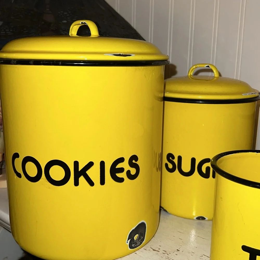Vintage MCM Atomic yellow enamel ware kitchen canisters cookies coffee set